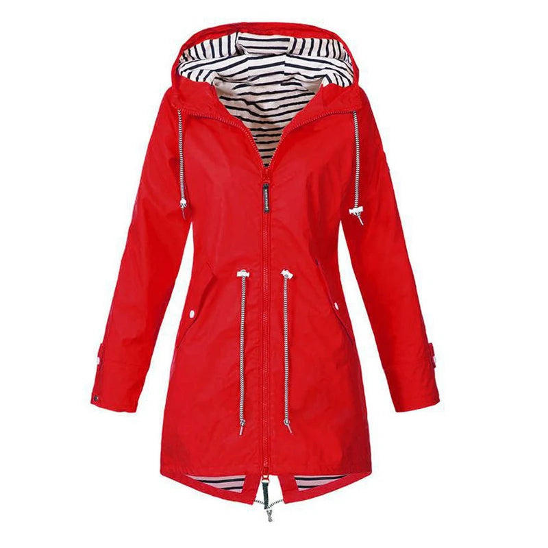 1Pc Women Outdoor Waterproof Coat Autumn Winter Long Zip-up Fashion Raincoat Jacket Female Hooded Windbreaker Outwear