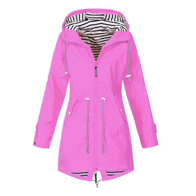 1Pc Women Outdoor Waterproof Coat Autumn Winter Long Zip-up Fashion Raincoat Jacket Female Hooded Windbreaker Outwear