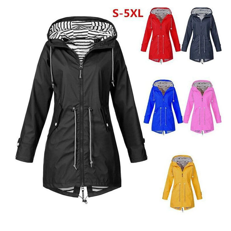 1Pc Women Outdoor Waterproof Coat Autumn Winter Long Zip-up Fashion Raincoat Jacket Female Hooded Windbreaker Outwear