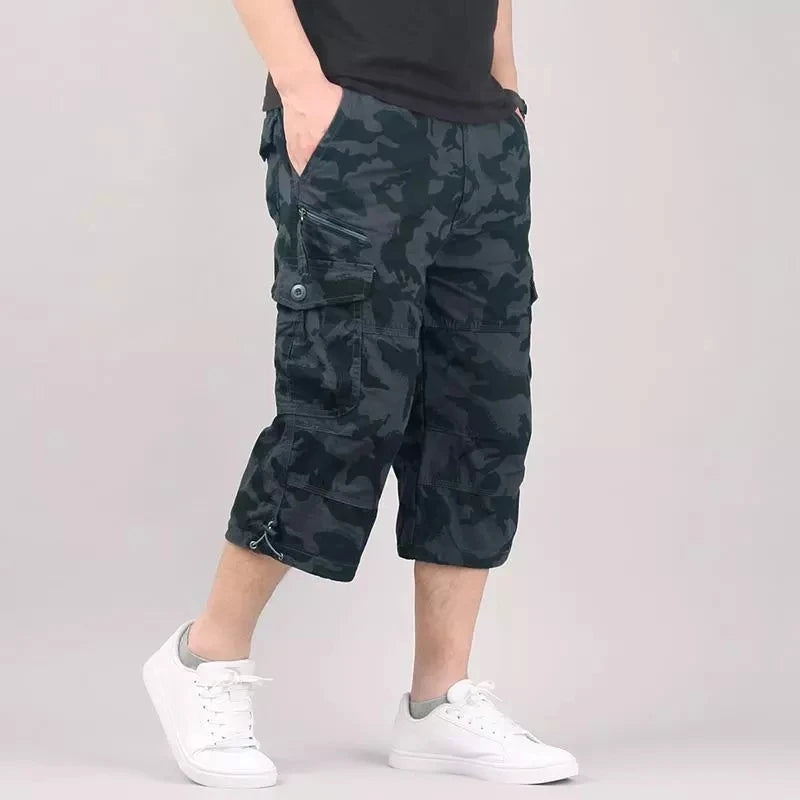 Knee Length Cargo Shorts Men's Summer Casual Cotton Multi Pockets Breeches Cropped Short Trousers Camouflage Shorts