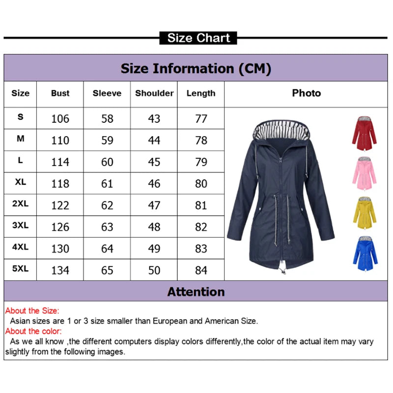 1Pc Women Outdoor Waterproof Coat Autumn Winter Long Zip-up Fashion Raincoat Jacket Female Hooded Windbreaker Outwear