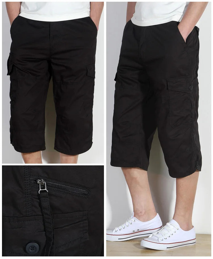 Knee Length Cargo Shorts Men's Summer Casual Cotton Multi Pockets Breeches Cropped Short Trousers Camouflage Shorts