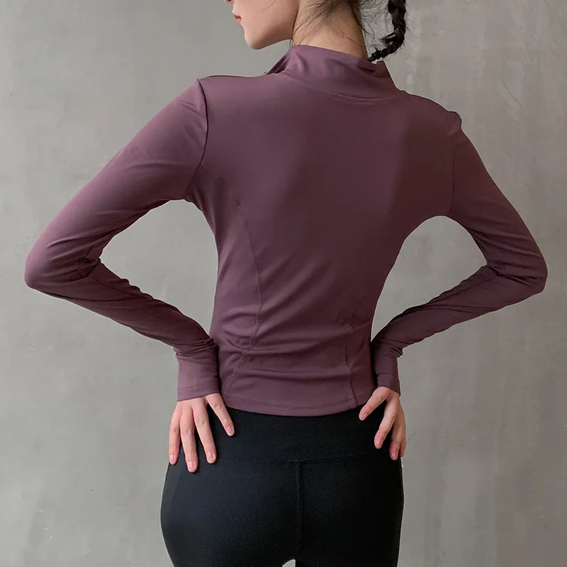 2022 new Women's Long Sleeves Sports Running Shirt Breathable Gym Workout Top Women's Yoga Jackets with Zipper with Finger Holes