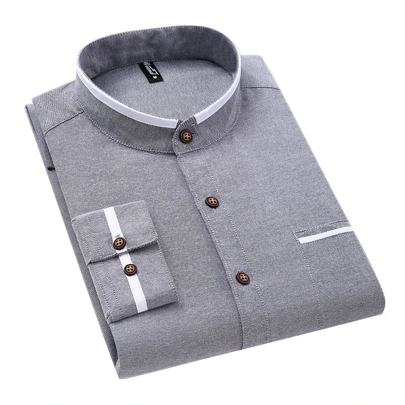 Men's clothing Long Sleeve Regular-fit Button-down Thick Shirts Casual Solid Oxford Dress  White Shirt Single Patch Pocket Stand