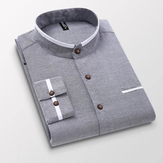 Men's clothing Long Sleeve Regular-fit Button-down Thick Shirts Casual Solid Oxford Dress  White Shirt Single Patch Pocket Stand