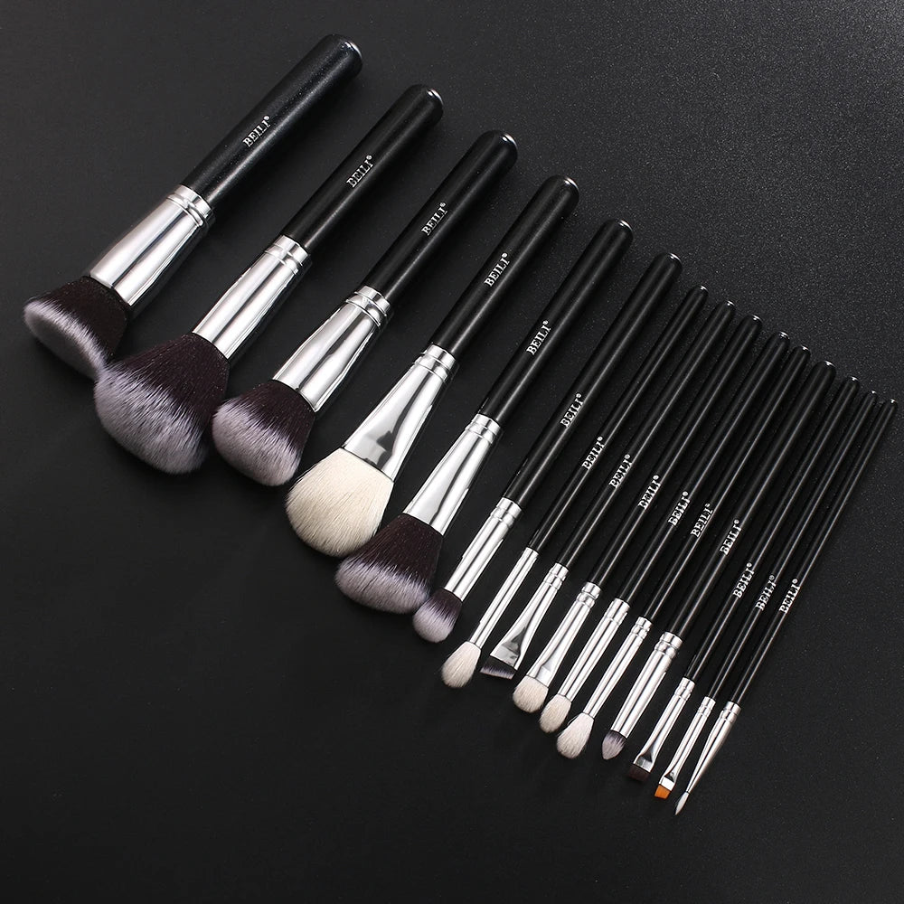 BEILI Black 15 Pcs Makeup Brushes Professional Natrul Goat Synthetic Hair Foundation Powder Eyeshadow Brush Make Up Tools