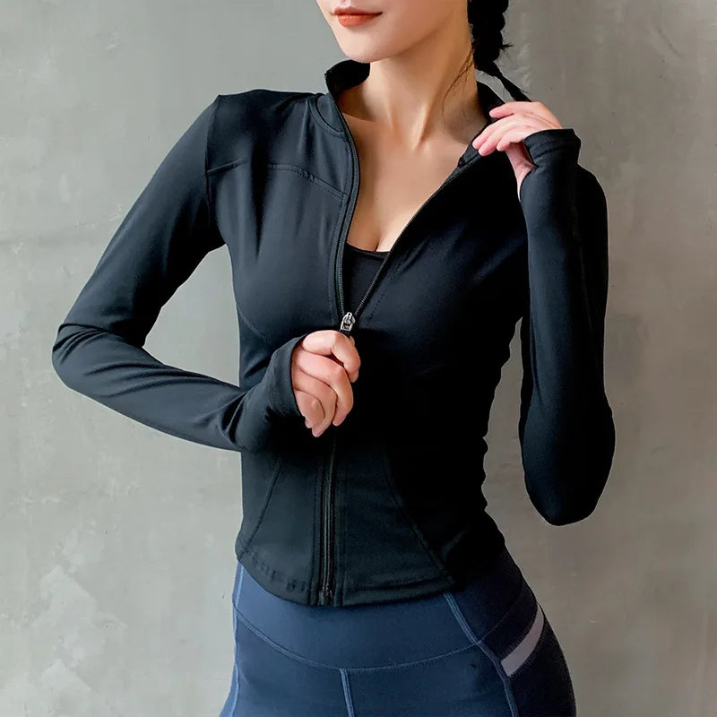 2022 new Women's Long Sleeves Sports Running Shirt Breathable Gym Workout Top Women's Yoga Jackets with Zipper with Finger Holes