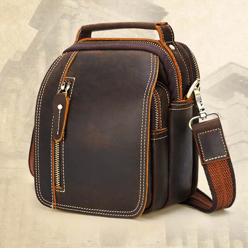 Men's Mini Shoulder Bag Crazy Horse Genuine Leather Crossbody Belt Bag Double Zipper Pocket Phone Pouch Vintage Handbag