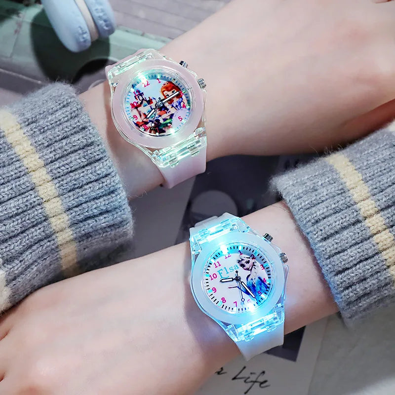 Disney Girls Kids Watches Children Watch Frozen Princess Aisha Sophia Luminous Student Colorful LED Light Women Lady Clock