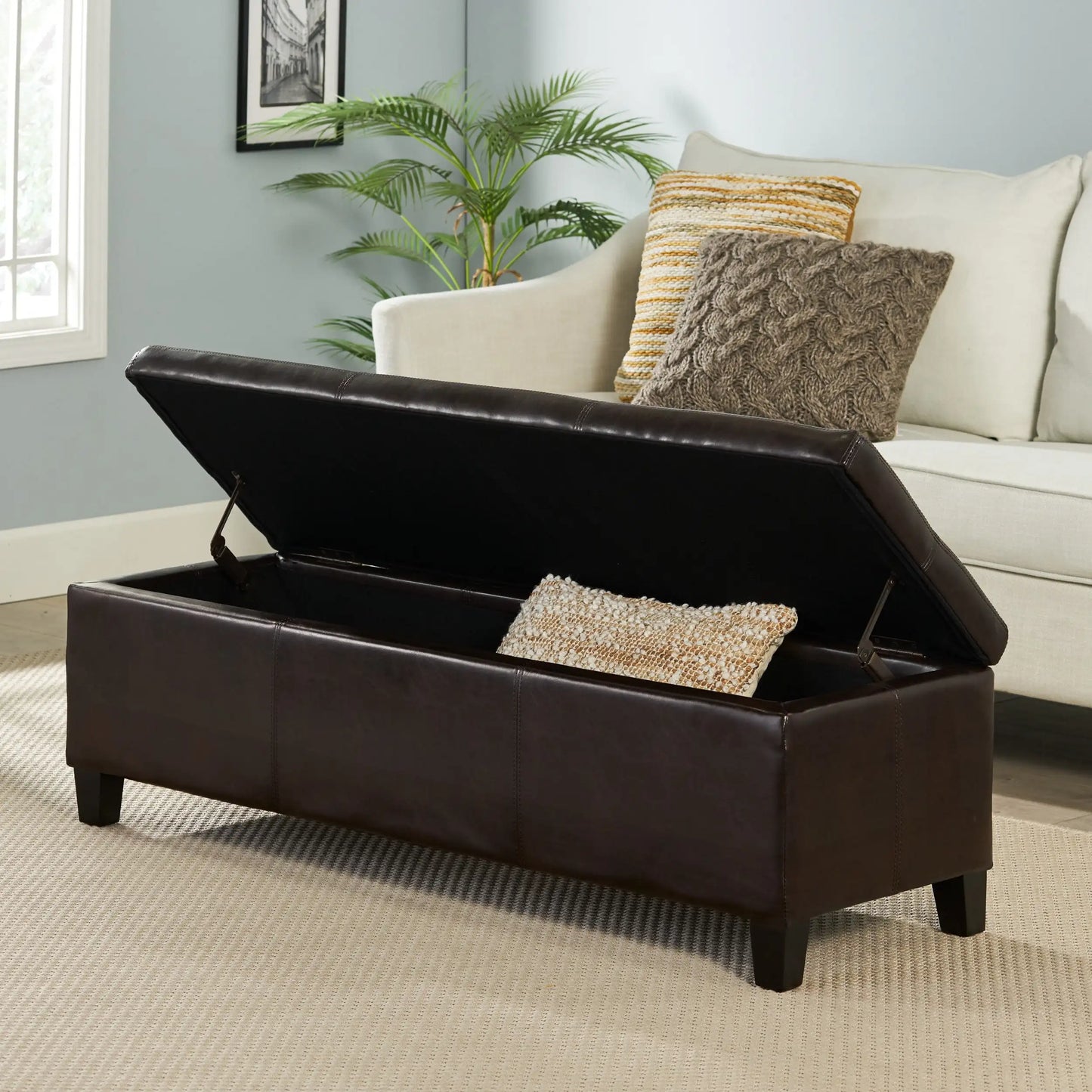 Franciscan Brown Faux Leather Storage Ottoman Multiple Material Options Hand-Crafted Details Solve Storage Problems