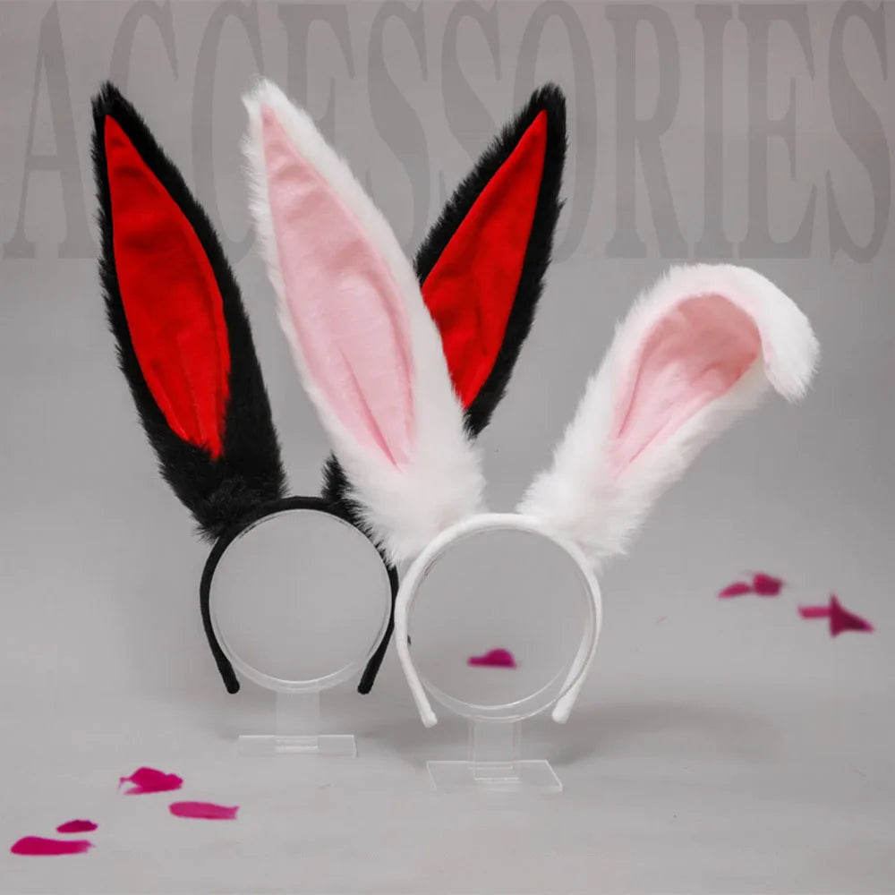 Girls Lolita Cosplay Headband Cute Fluffy Plush Long Rabbit Bunny Ears Hairband for Women Halloween Cartoon Anime Headpiece