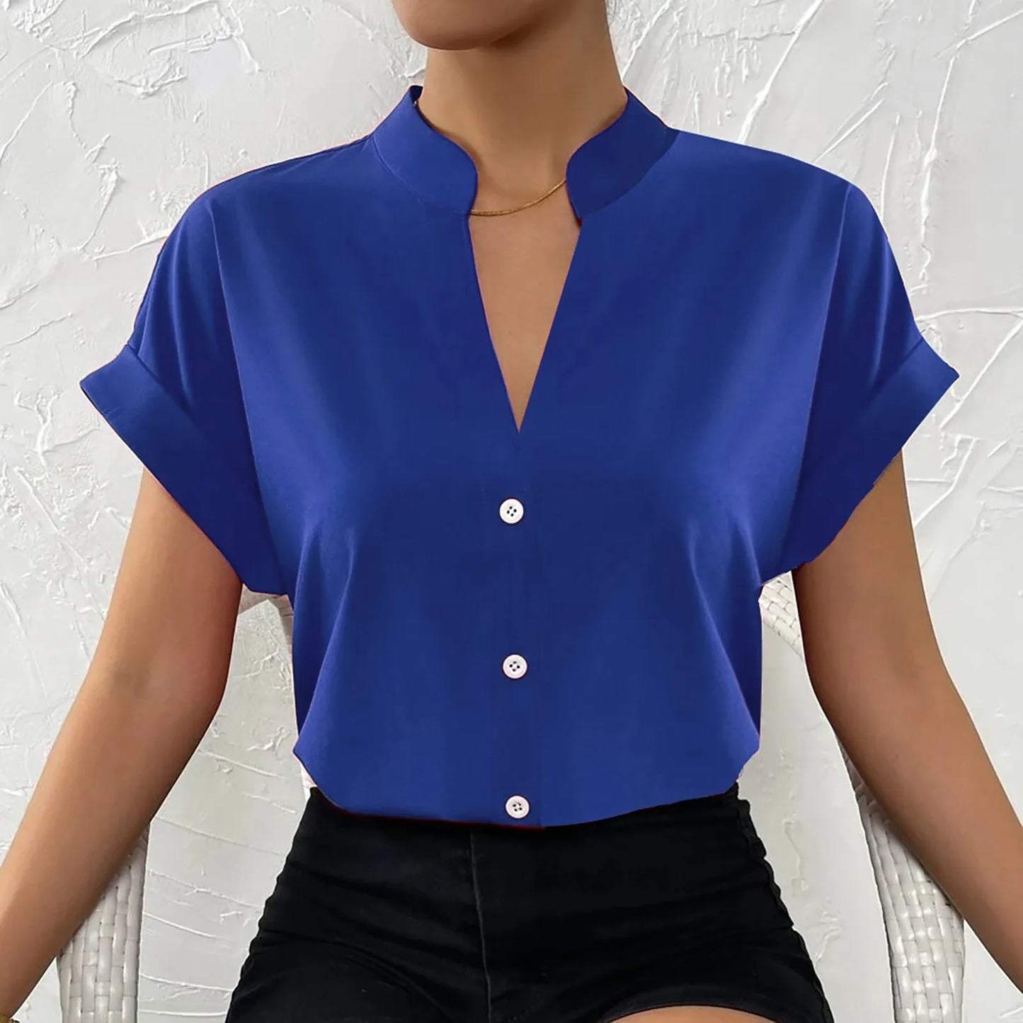 Short Sleeve T Shirt Women Fashion Simple Deep V Neck Solid Button Women'S Short Sleeve Tops Summer Business Casual Top