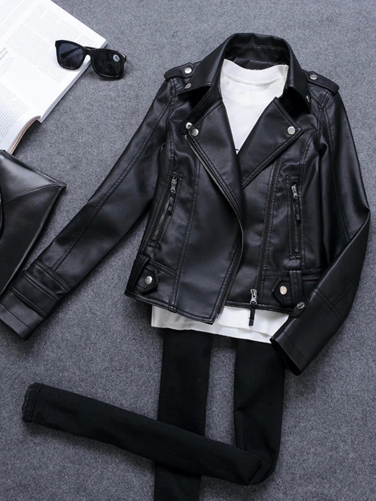 Korean Version of Slim PU Leather Jacket Women's 2024 Spring / Autumn Winter  New Motorcycle Leather Short Coat