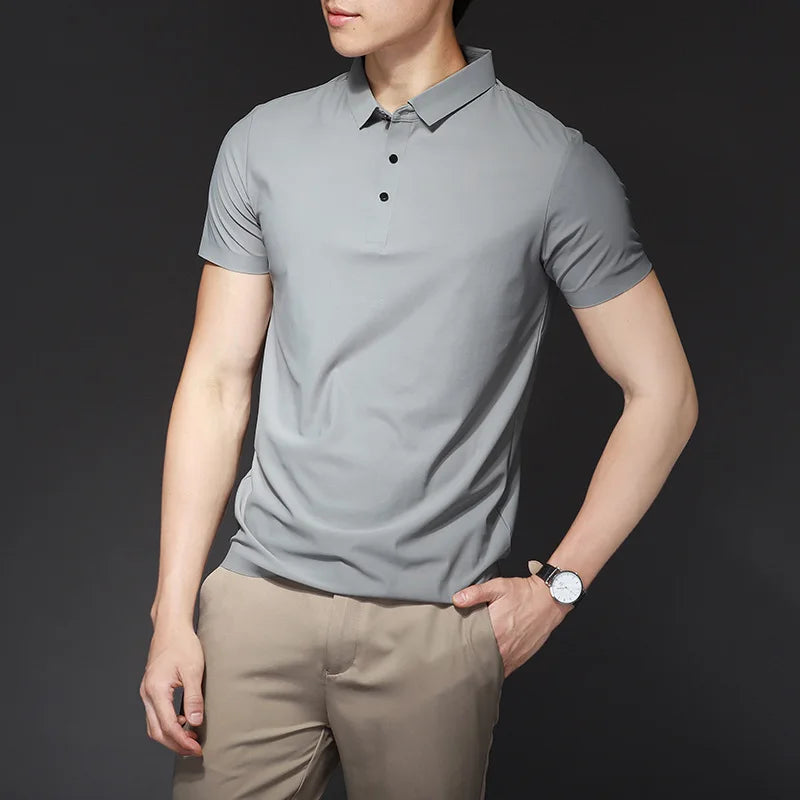 Minglu Summer Ice Silk Mens Polo Shirts Luxury Short Sleeve Solid Color Business Casual Male Tops Fashion Simple Slim Man Tees