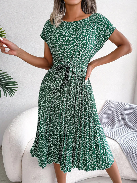 Women Spring Summer Short Sleeve High Waist Chic Dress Fashion Floral Pleated A Line Long Dress