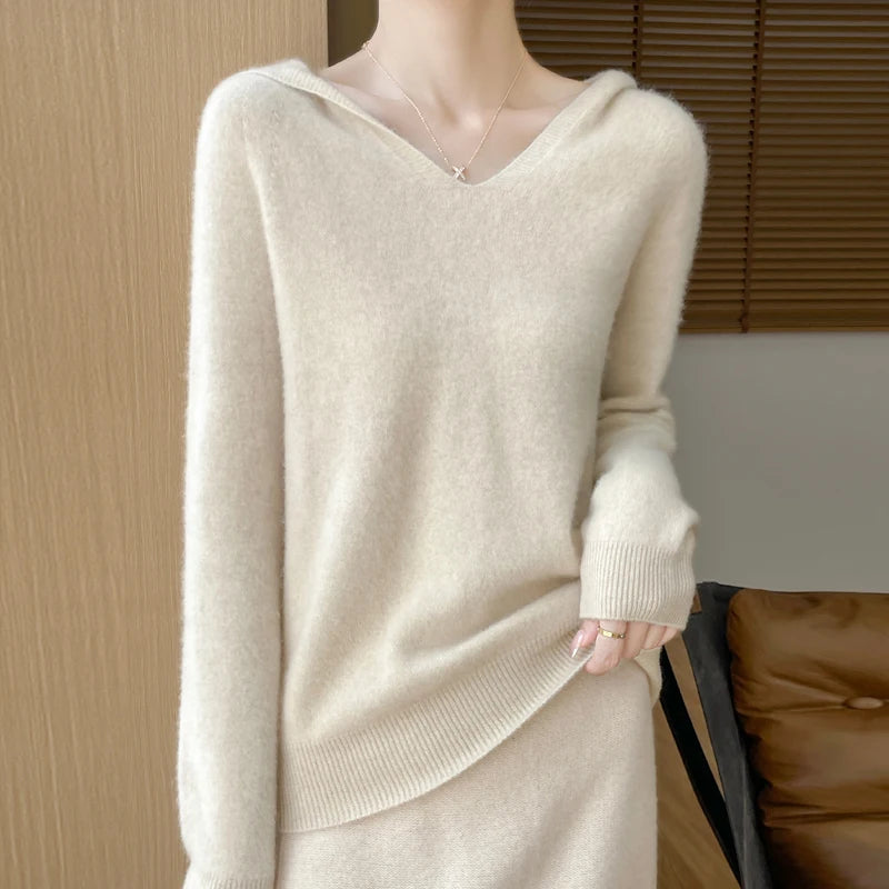 100% Wool Fashion Solid Hooded Sweater Women Clothing High Quality Autumn Winter Casual Knitted Long Sleeve Female Tops Pullover