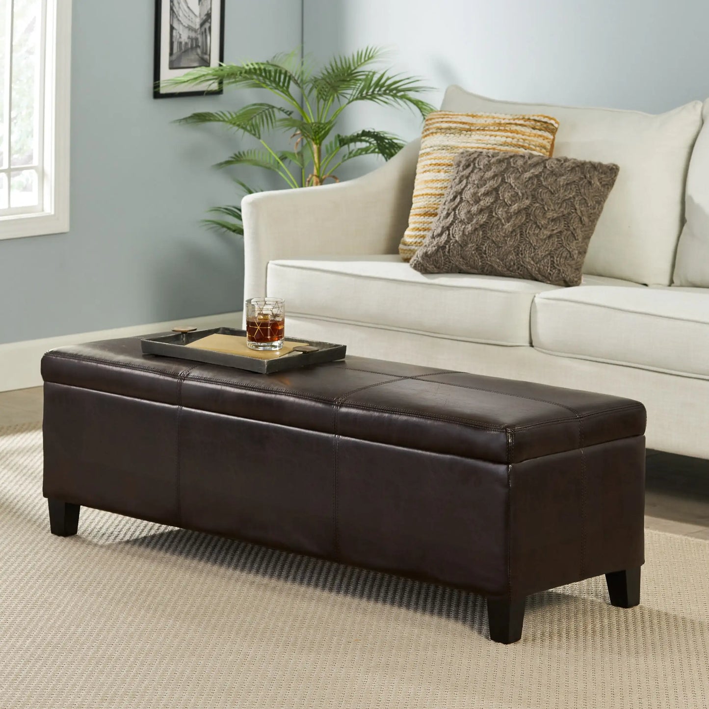 Franciscan Brown Faux Leather Storage Ottoman Multiple Material Options Hand-Crafted Details Solve Storage Problems