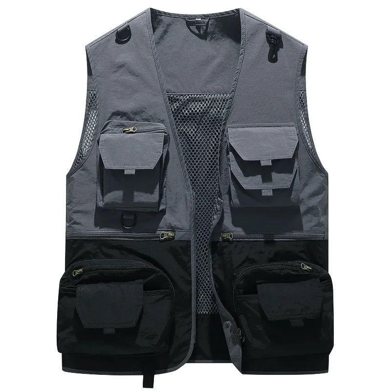 Men Outdoor Fishing Vests Quick Dry Breathable Multi Pocket Mesh Jackets Photography Sleeveless Pocket Vest Patchwork Fish Vest