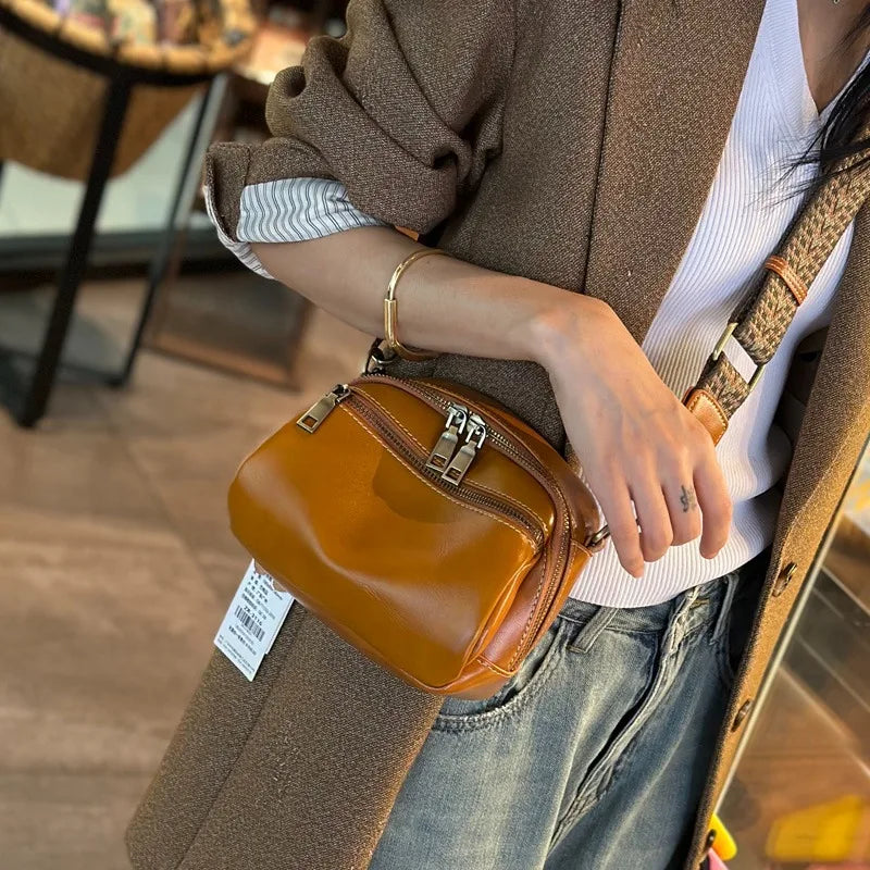 Vegetable Tanned Cowhide Small Handbag 2023 New Popular and Versatile Genuine Leather Women's Bag Ladies Shoulder Crossbody Bag