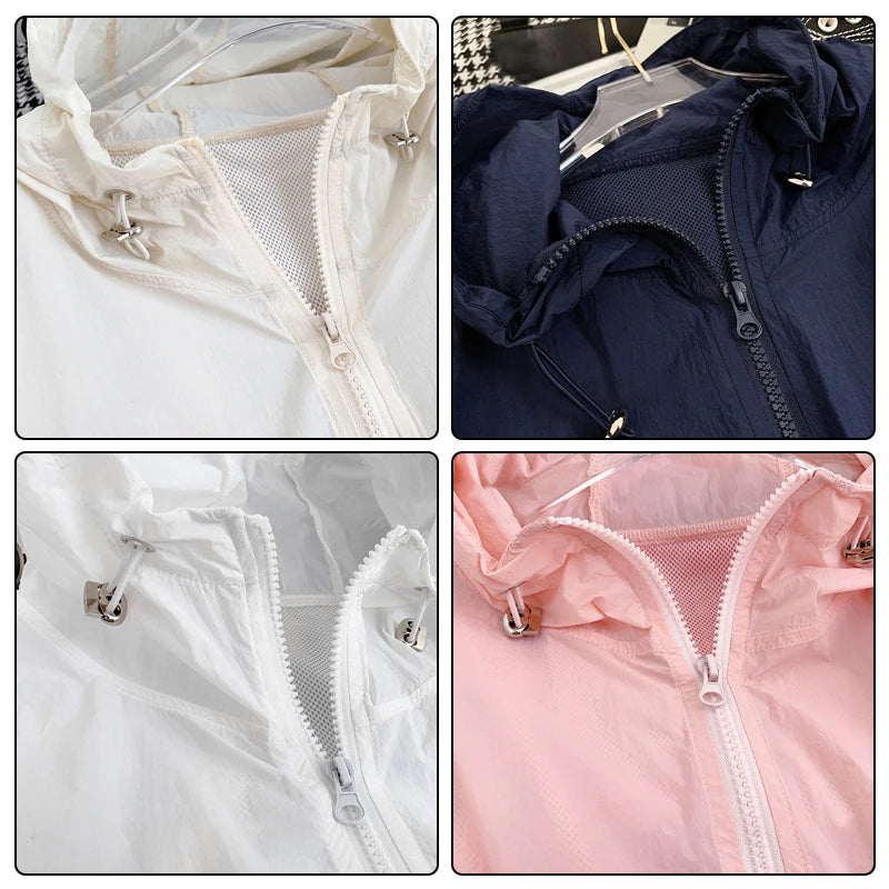 Women Summer Sun Protection Clothing Thin Jacket Casual Loose Hooded Drawstring Coat Sunscreen Windbreaker UV Proof Coats