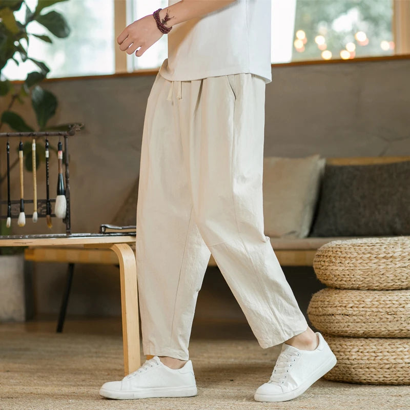 2023 Summer Men's Trousers Cotton Linen Fashion Casual Pants Solid Color Breathable Loose Shorts Straight Pants Streetwear M-5XL