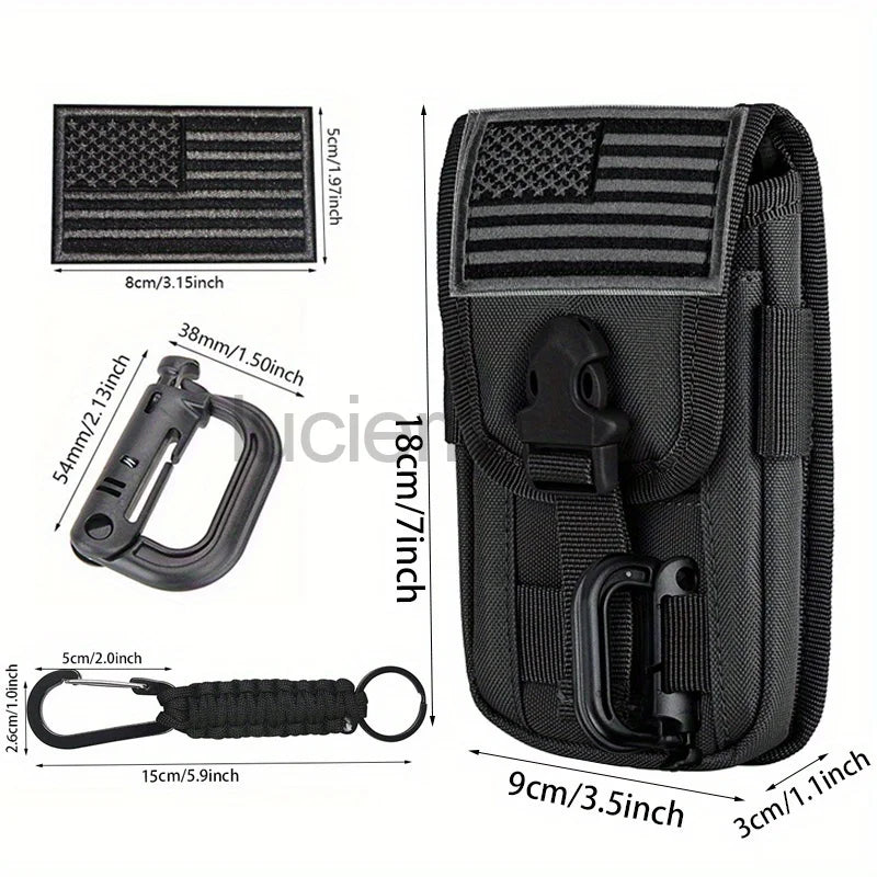 LUC 1000D Nylon Molle Pouch with Flag Patch Keyring and 1 D-Ring Waist Belt Holster for 6.9" Cell Phone Outdoor Storage Case