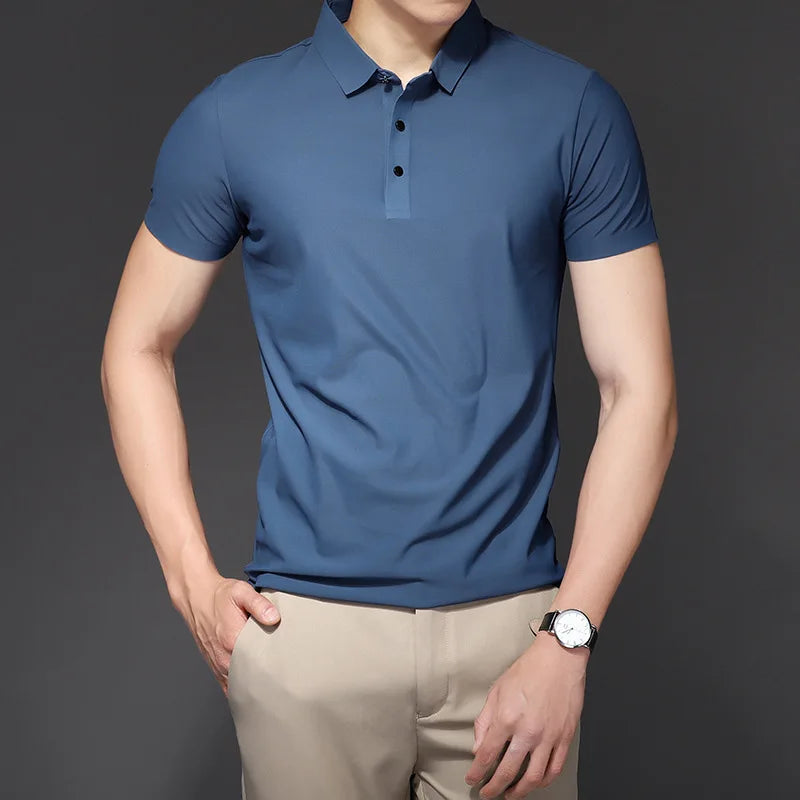 Minglu Summer Ice Silk Mens Polo Shirts Luxury Short Sleeve Solid Color Business Casual Male Tops Fashion Simple Slim Man Tees