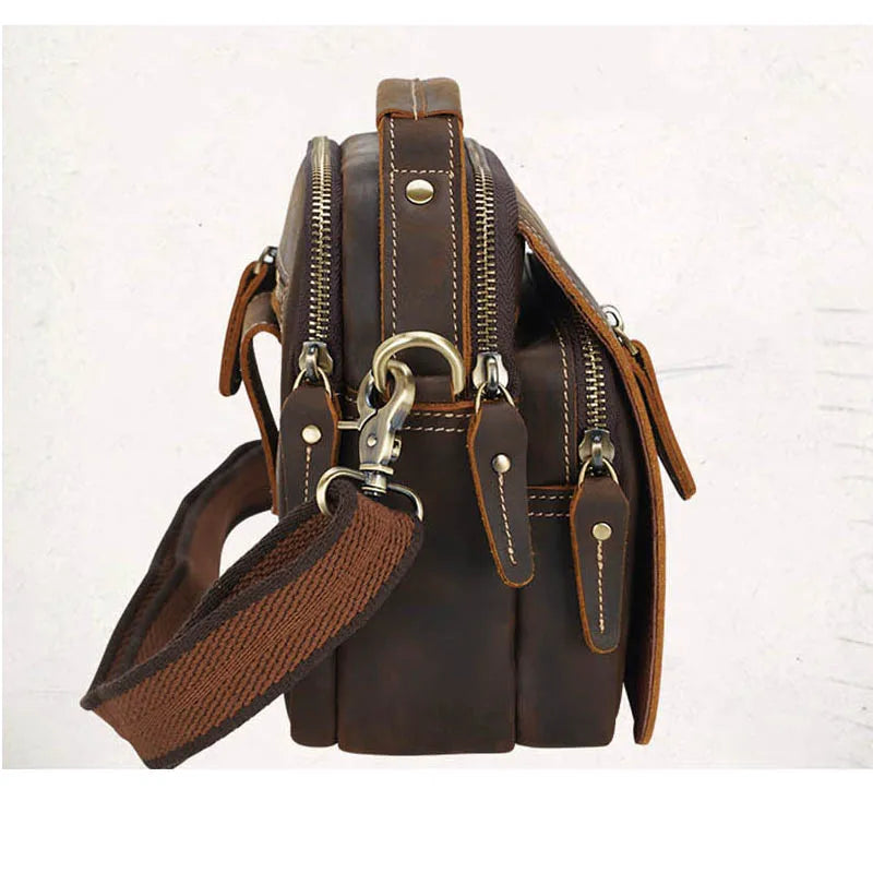 Men's Mini Shoulder Bag Crazy Horse Genuine Leather Crossbody Belt Bag Double Zipper Pocket Phone Pouch Vintage Handbag