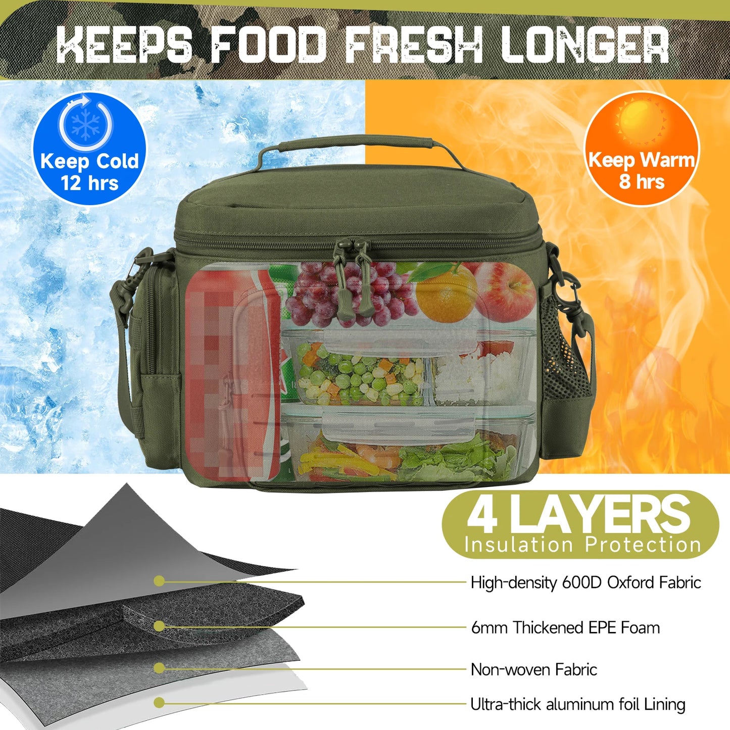 Tactical Lunch Box for Men Outdoor Heavy Duty Lunch Bag Work Leakproof Insulated Durable Thermal Cooler Bag Meal Camping Picnic