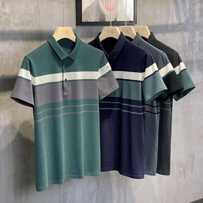 Summer New High Quality Men's Short Sleeve T-shirt Full 95% Cotton Explosive Style Business Lapel Striped Men's Polo Shirt 2024