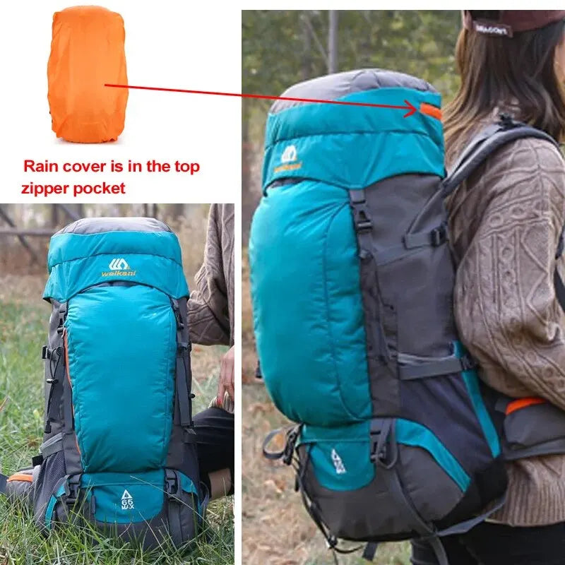 65L Camping Backpack Outdoor Bag Waterproof Nylon Bags With Rain Cover Hiking Trekking Luggage Men Women Climbing Travel Bag