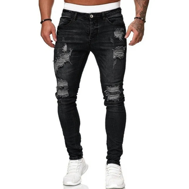 Fashion Street Style Ripped Skinny Jeans Men Vintage wash Solid Denim Trouser Mens Casual Slim fit pencil denim Pants