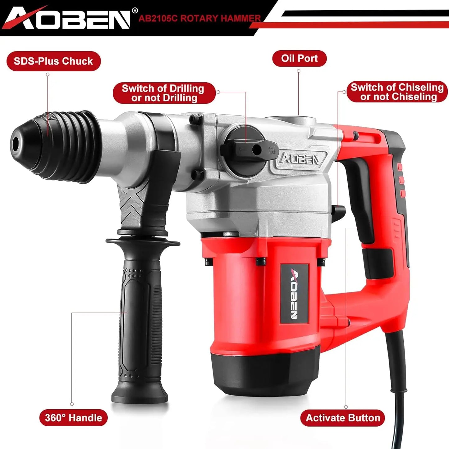 1-1/4 Inch SDS-Plus Rotary Hammer Drill with Vibration Control and Safety Clutch10 Amp Heavy Duty Demolition Hammer