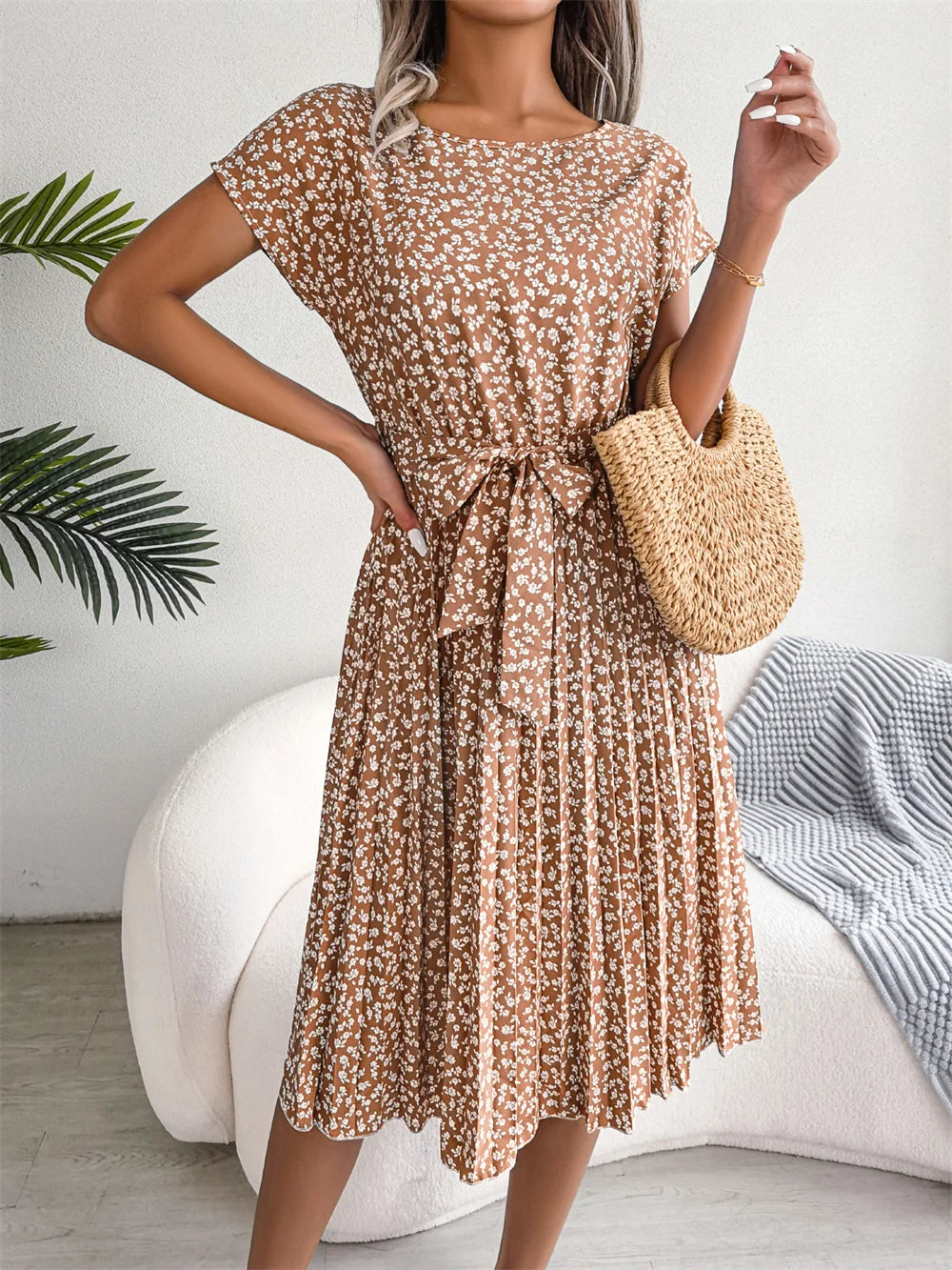 Women Spring Summer Short Sleeve High Waist Chic Dress Fashion Floral Pleated A Line Long Dress