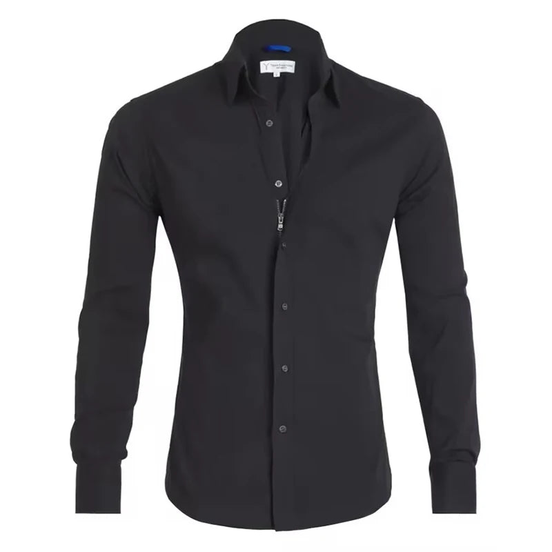 New Men's Casual Shirt Cotton Shirt Slim Tops Long Sleeve Tee Shirt Zip shirt  Solid Color High Quality Long Sleeve Shirt Men