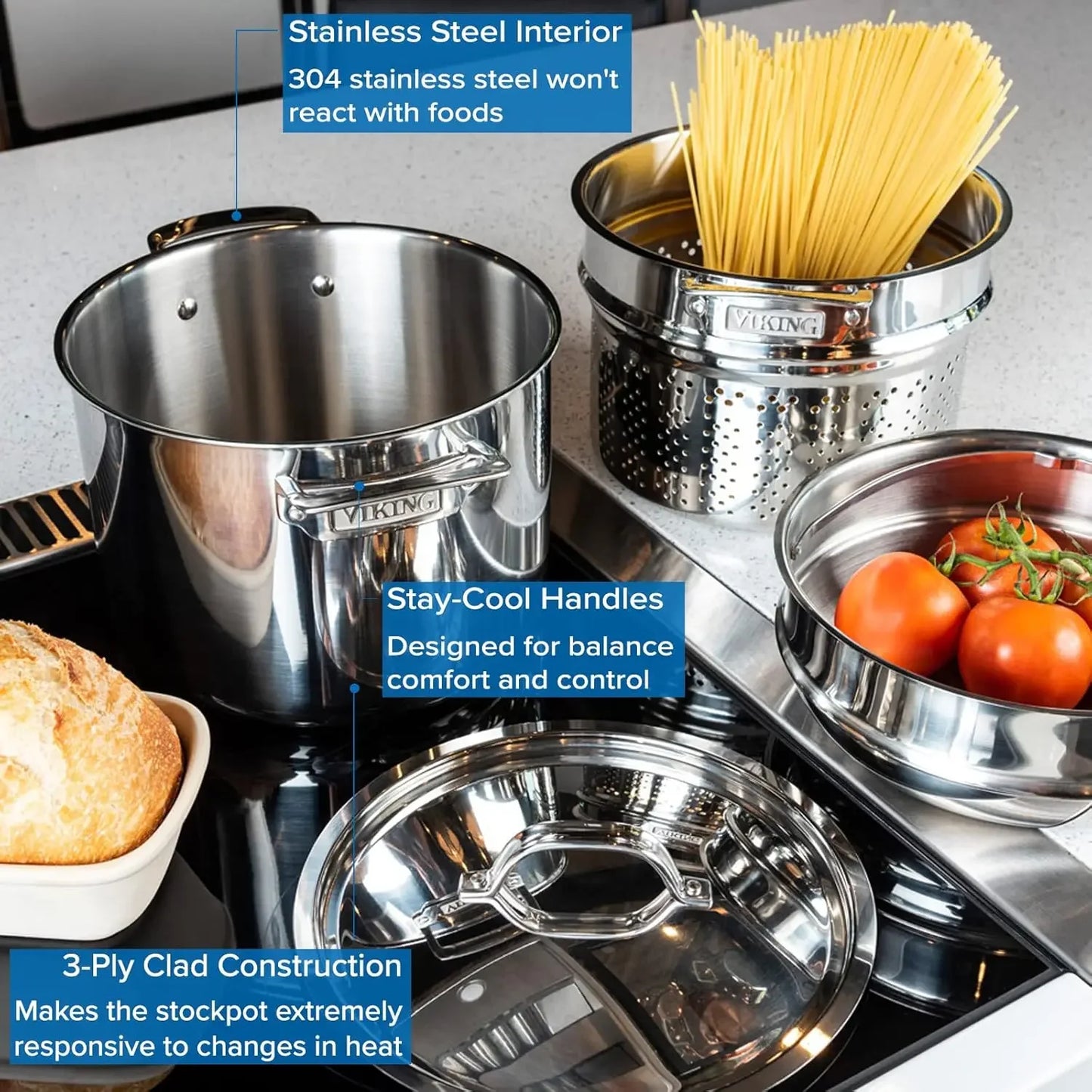 Culinary 3-Ply Stainless Steel Pasta Pot 8 Quart Includes Pasta & Steamer Insert Dishwasher Oven Safe Works on All Cooktops