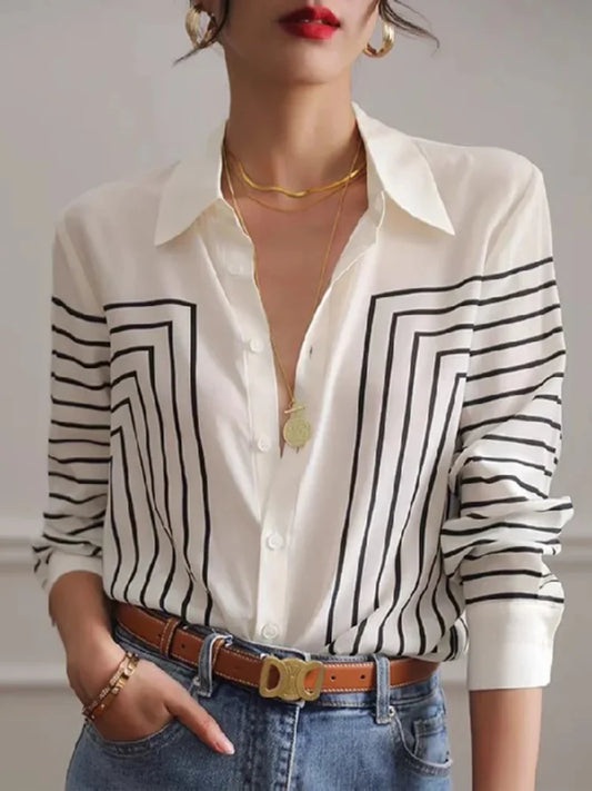 Freeacy 2023 Urban Women's Elegant Laple Collar Long Sleeves Line Pattern Blouses Office Ladies Daily Commuting Shirt Tops