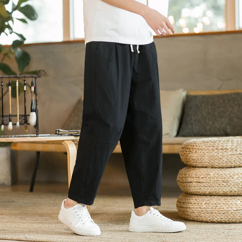 2023 Summer Men's Trousers Cotton Linen Fashion Casual Pants Solid Color Breathable Loose Shorts Straight Pants Streetwear M-5XL