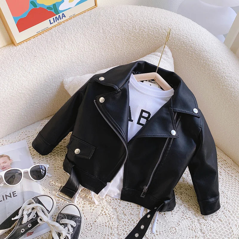 2023 Autumn New Girls Leather Jackets For 2-8 Years Children Classics Fly Coats Kids Clothing Baby Girls Fashion Pu Outerwear