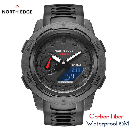 NORTH EDGE Mars 3 Men's Military Watch Digital Carbon Fiber Case For Man Waterproof 50M Sports Watches World Time LED Wristwatch