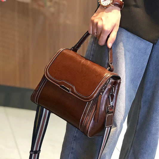 Oil Wax Cowhide Leather Women's Handbag 2024 New Crossbody Bag Lady Commuter Summer Bag Handbill Shoulder Messenger Bags