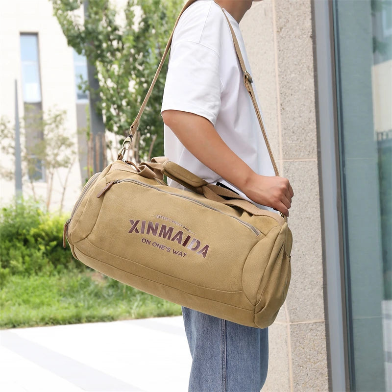 Male Large Capacity Canvas Travel Bags Men Fitness Sports Training Handbag With Shoes Pocket Black Khaki Shoulder Bag