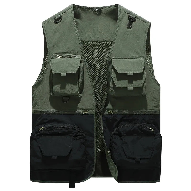 Men Outdoor Fishing Vests Quick Dry Breathable Multi Pocket Mesh Jackets Photography Sleeveless Pocket Vest Patchwork Fish Vest