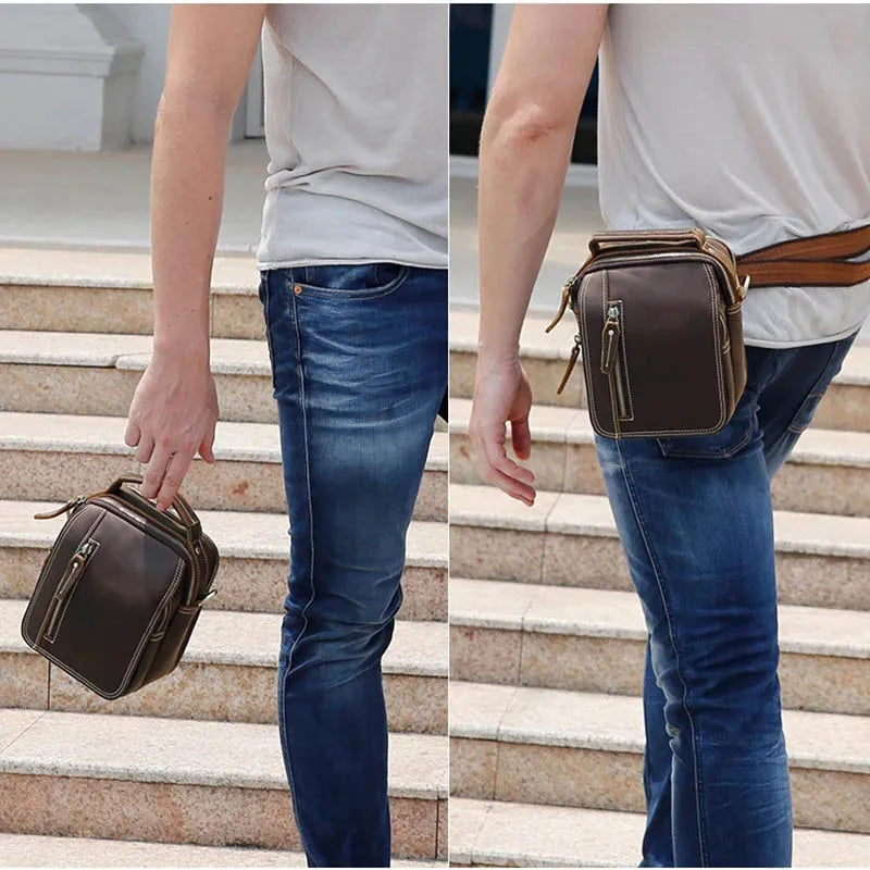 Men's Mini Shoulder Bag Crazy Horse Genuine Leather Crossbody Belt Bag Double Zipper Pocket Phone Pouch Vintage Handbag