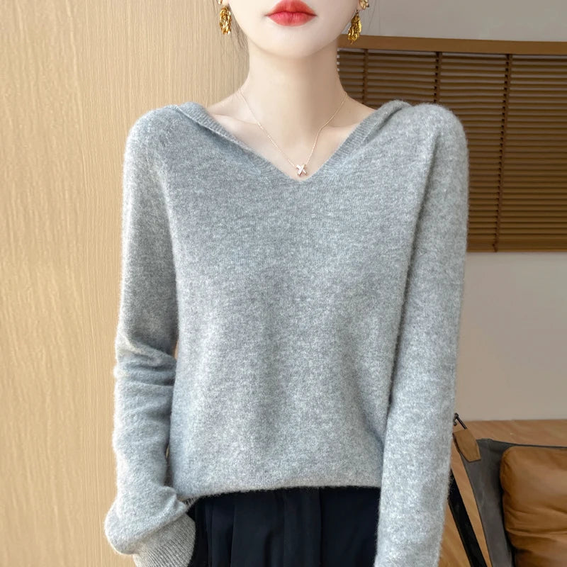 100% Wool Fashion Solid Hooded Sweater Women Clothing High Quality Autumn Winter Casual Knitted Long Sleeve Female Tops Pullover