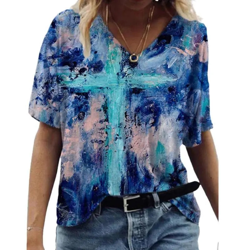 Women V Neck T Shirt Graffiti Jesus Graphics Short Sleeve Tops Summer Fashion Casual Harajuku Oversized Tshirts Female Clothing