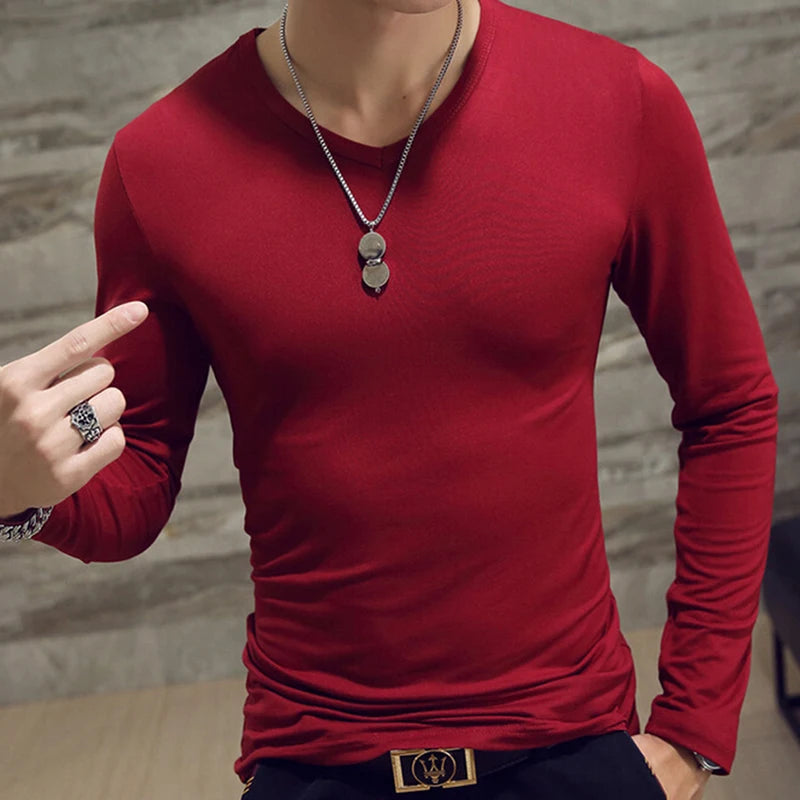 Spring Autumn Period Long Sleeve Cultivate One's Morality Men's T-shirt O-neck Solid Polyester T Shirt Men Red Blue Black