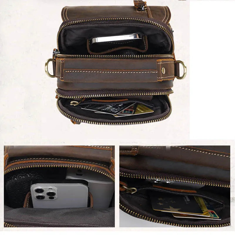 Men's Mini Shoulder Bag Crazy Horse Genuine Leather Crossbody Belt Bag Double Zipper Pocket Phone Pouch Vintage Handbag