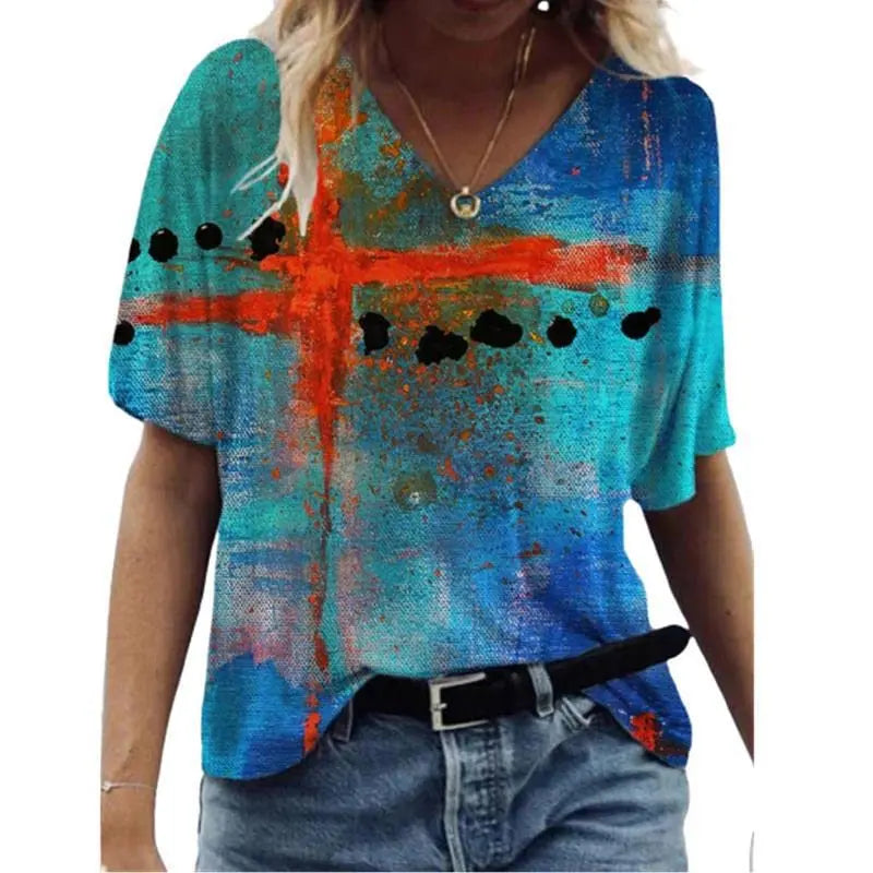 Women V Neck T Shirt Graffiti Jesus Graphics Short Sleeve Tops Summer Fashion Casual Harajuku Oversized Tshirts Female Clothing