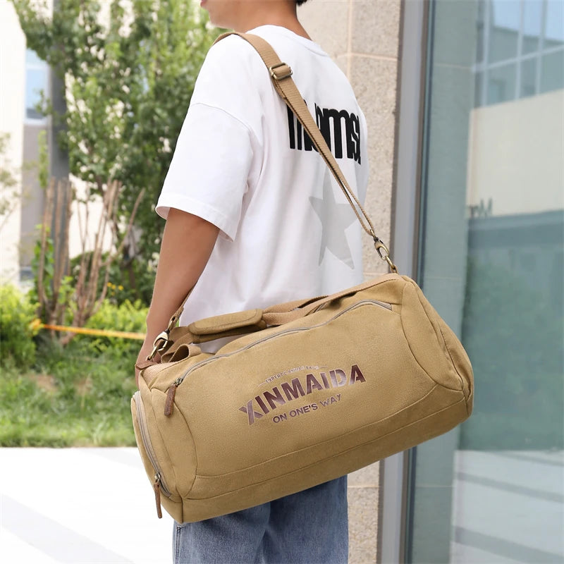 Male Large Capacity Canvas Travel Bags Men Fitness Sports Training Handbag With Shoes Pocket Black Khaki Shoulder Bag